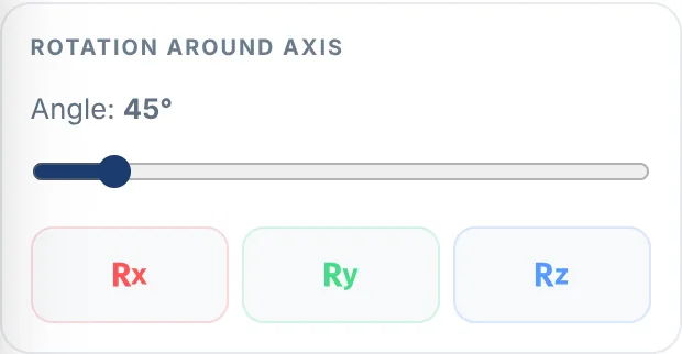 The simulator's rotation controls: an angle slider set to 45 degrees, with Rx, Ry and Rz buttons beneath it.