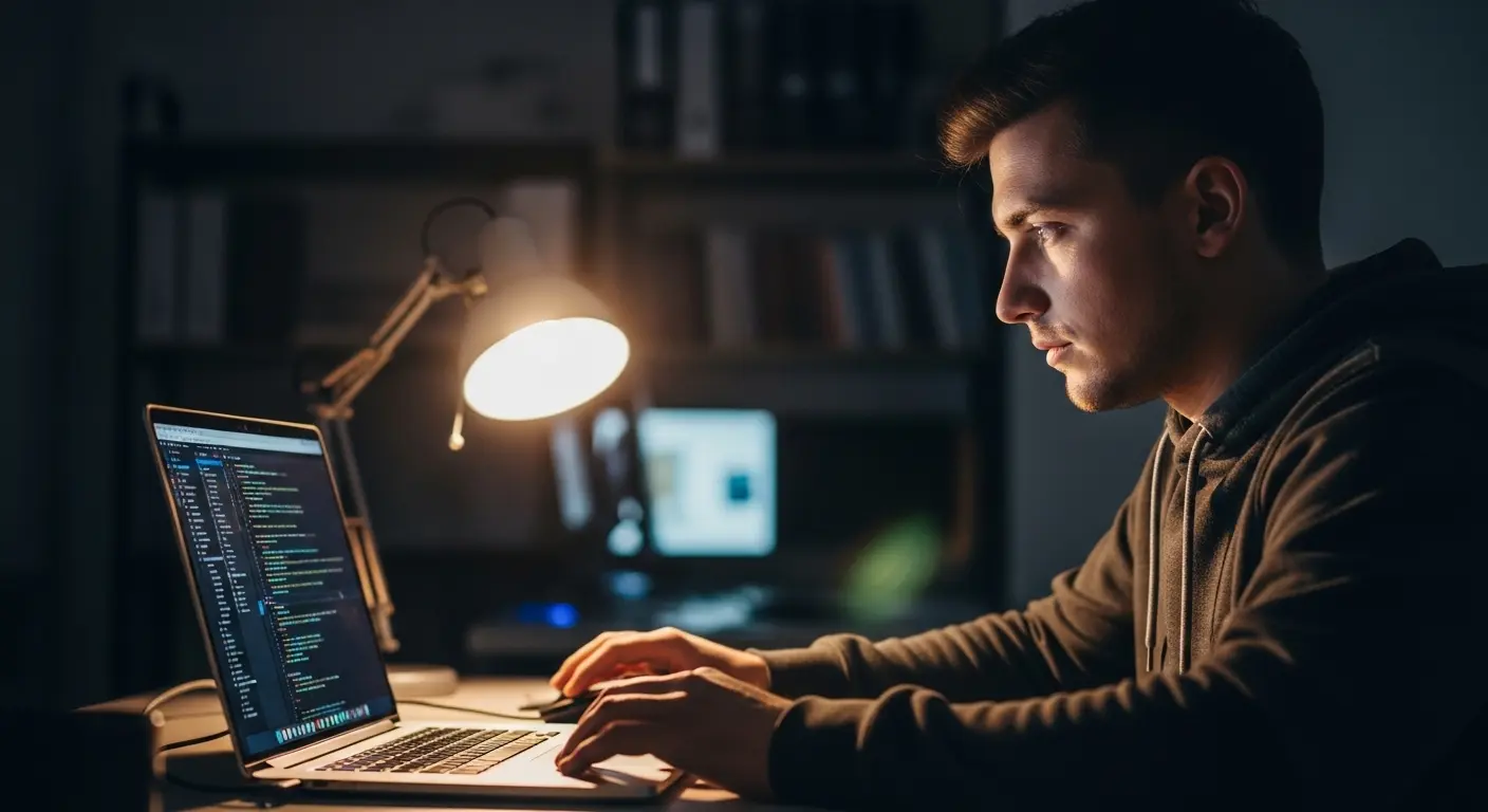 Developer studying paid quantum computing courses on laptop at night