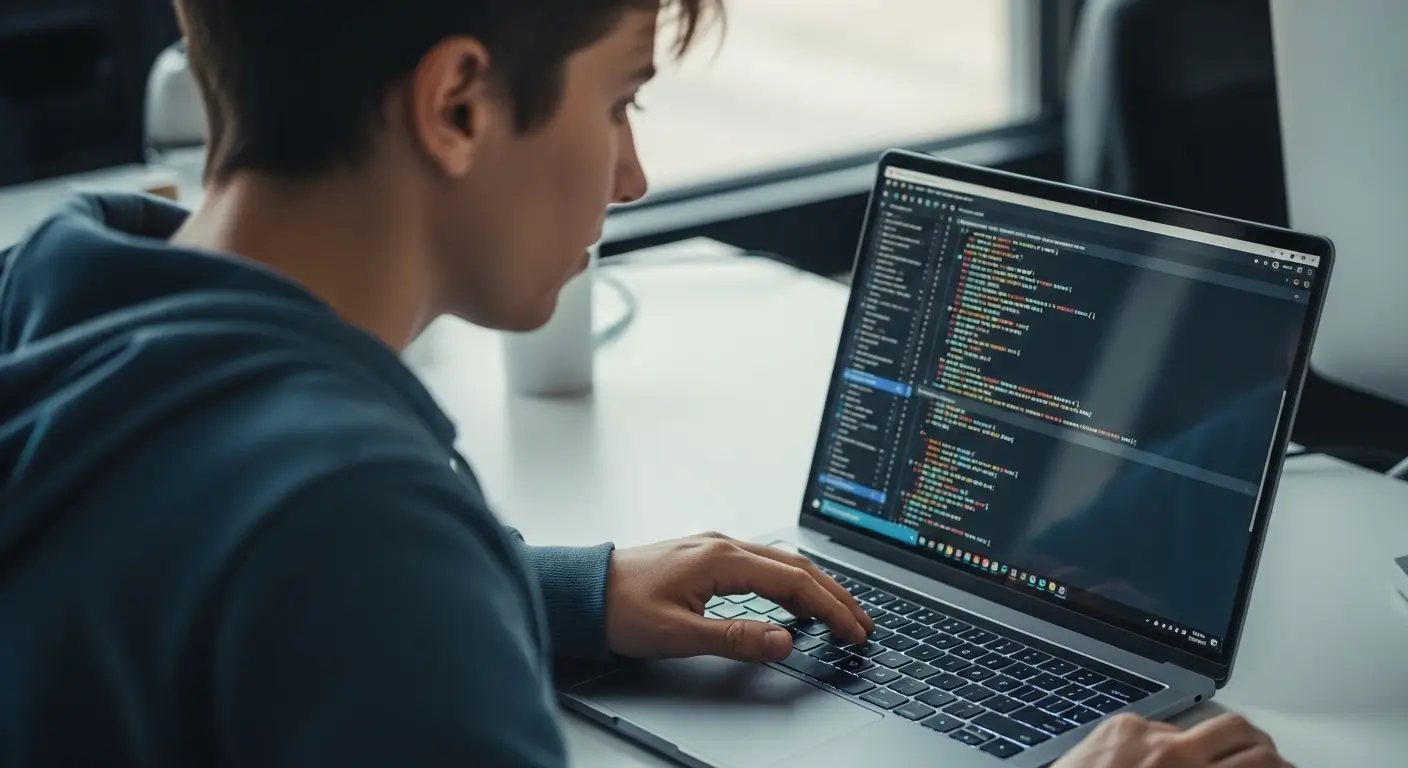 Developer writing quantum computing code in Python using Qiskit on a laptop
