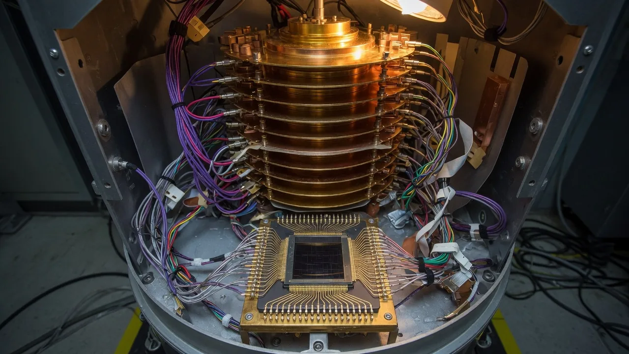 Open cryostat with a large superconducting processor package at the base