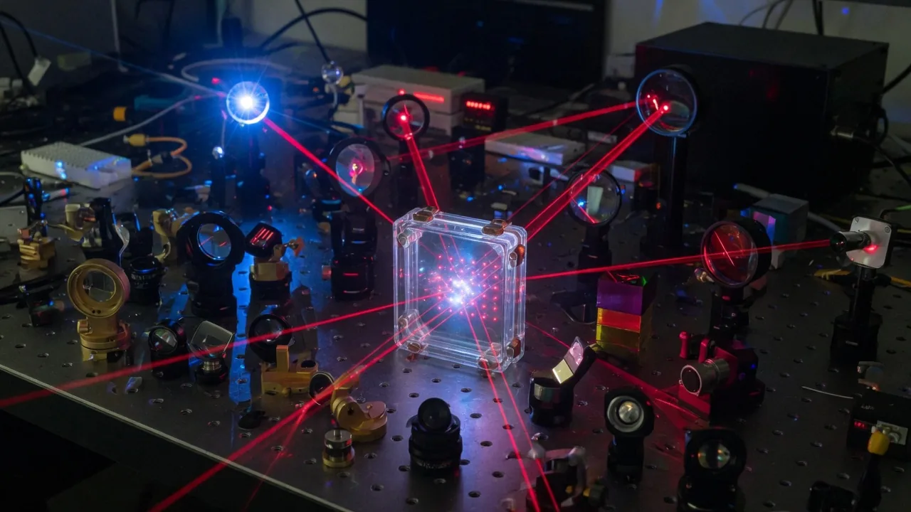 Optical table with a glass vacuum cell at the centre and a dense array of red laser beams