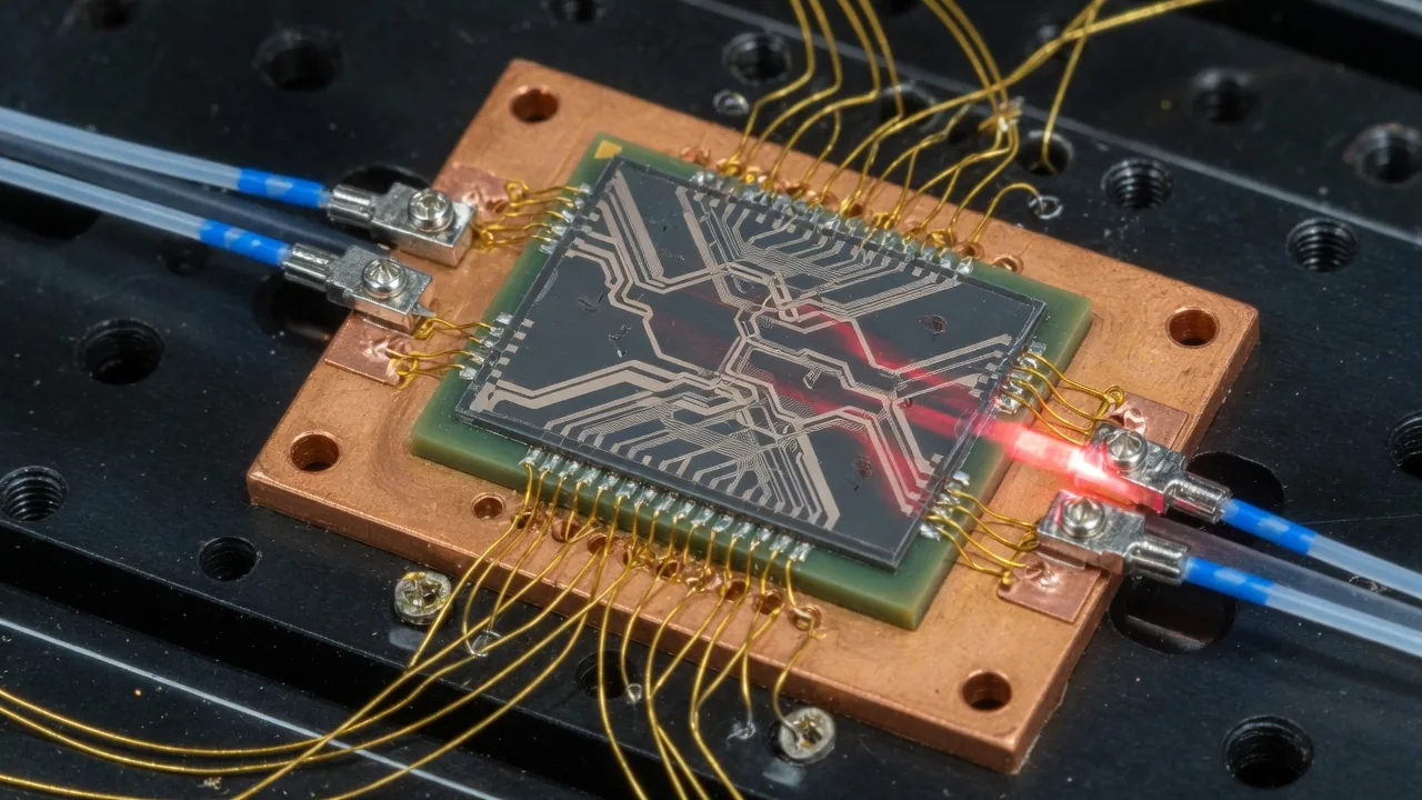 Silicon photonic chip on a copper mount with optical fibres coupled at the edges