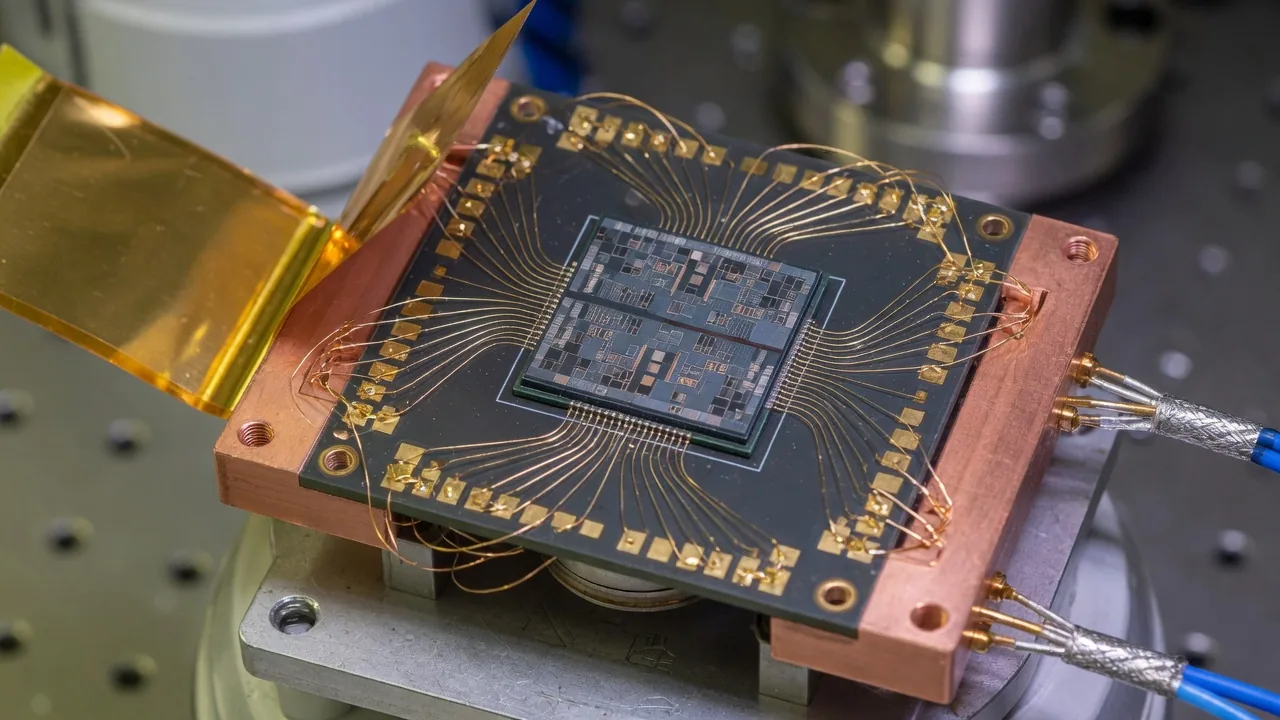Silicon chip with gold bond wires on a copper sample holder