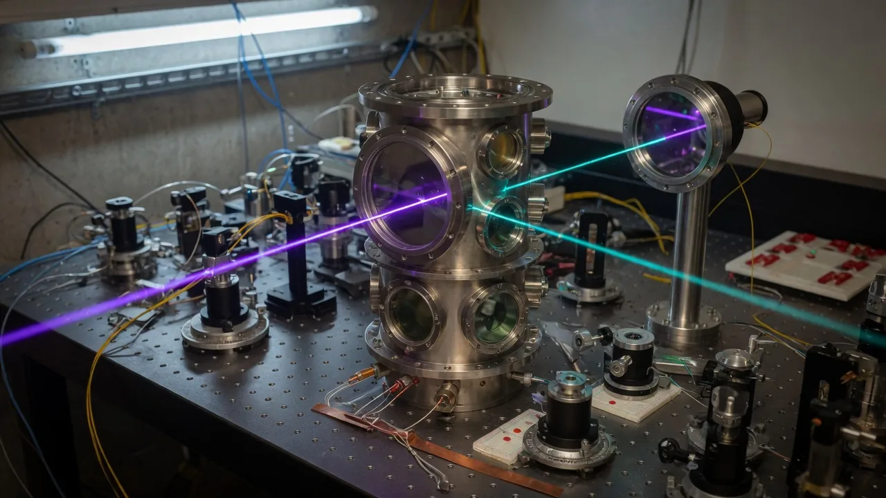 Ion-trap vacuum chamber with laser beams on an optical table