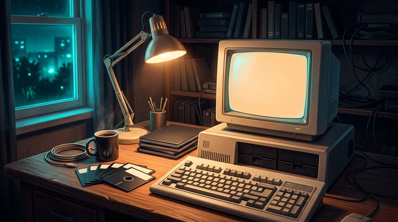 Home computer on a wooden desk at night