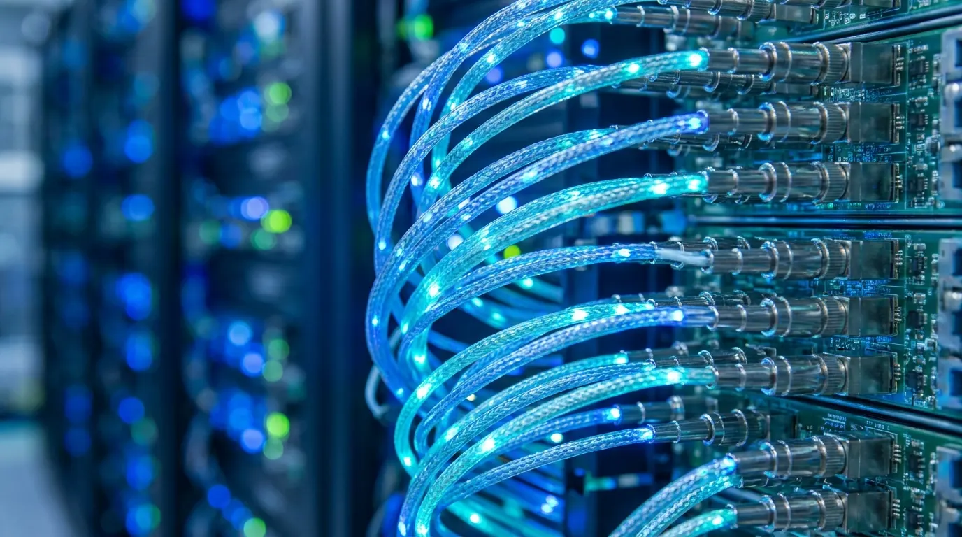 Fiber optic cables glowing data