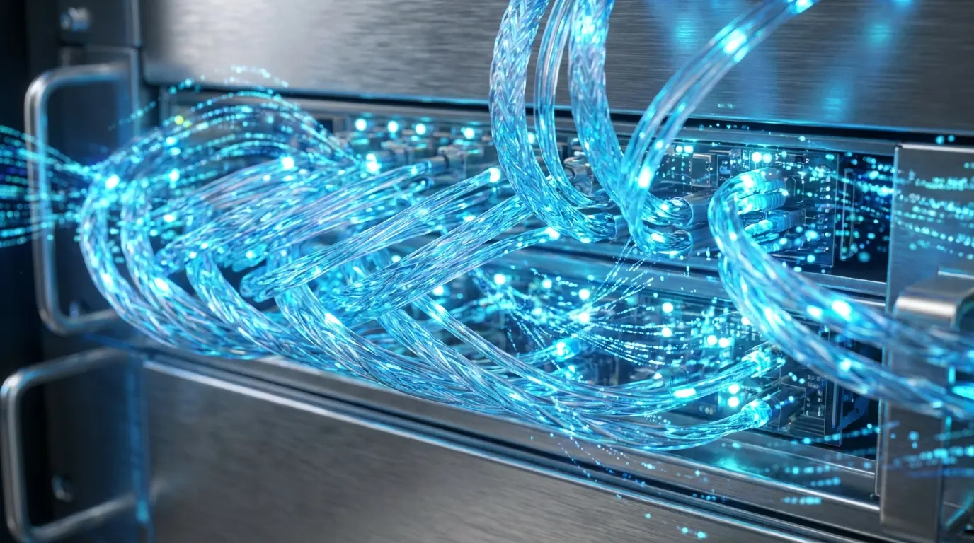 Fiber optic cables glowing data