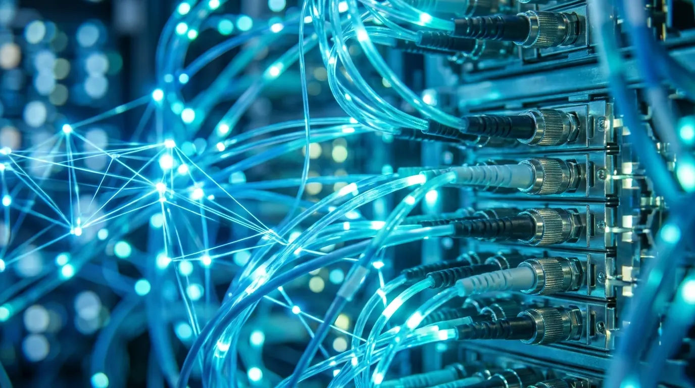 Glowing fiber optic cables conne