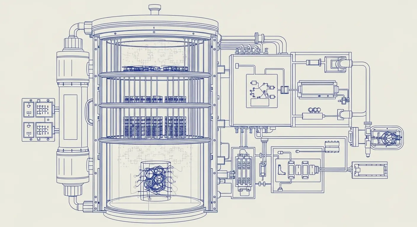 Cross-section blueprint of an IBM-style superconducting quantum computer dilution refrigerator
