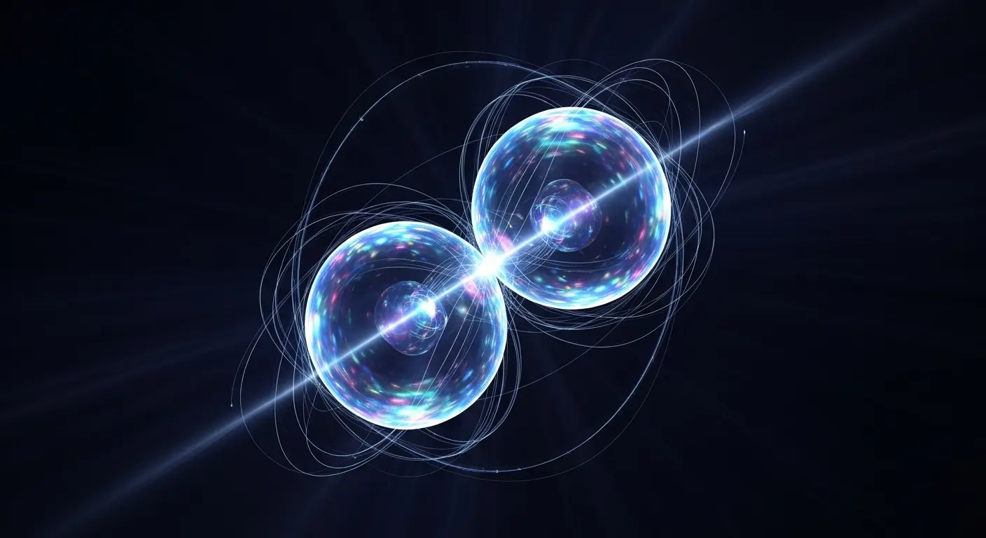 Two entangled quantum spheres with a connecting beam visualising quantum key distribution