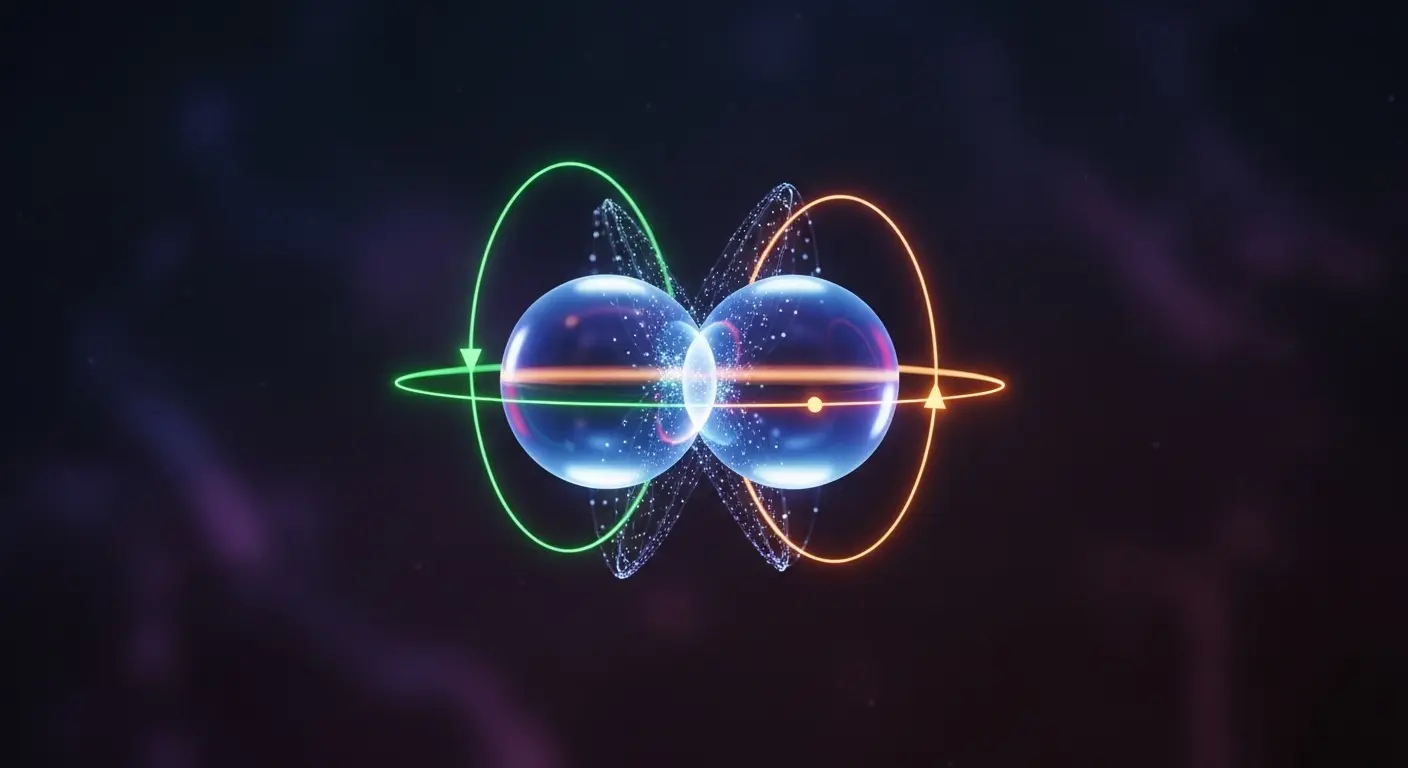Two-qubit quantum gate visualisation showing entangled qubits connected by orbital paths