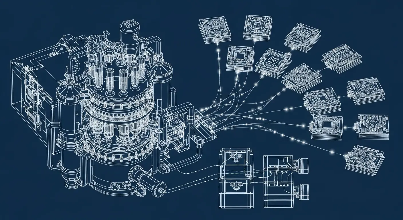 Quantum processor chips blueprint representing Amazon Braket multi-hardware access